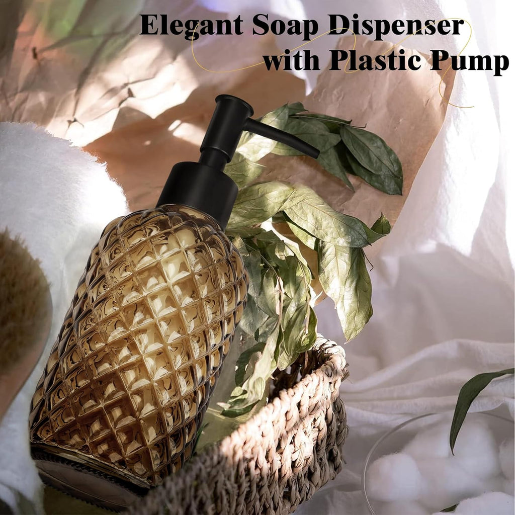 1 Pack 13.5oz Glass Soap Dispenser with Plastic Pump, Diamond Design Refillable Hand Soap Dispenser for Hand Wash, Bathroom and Kitchen (Amber)
