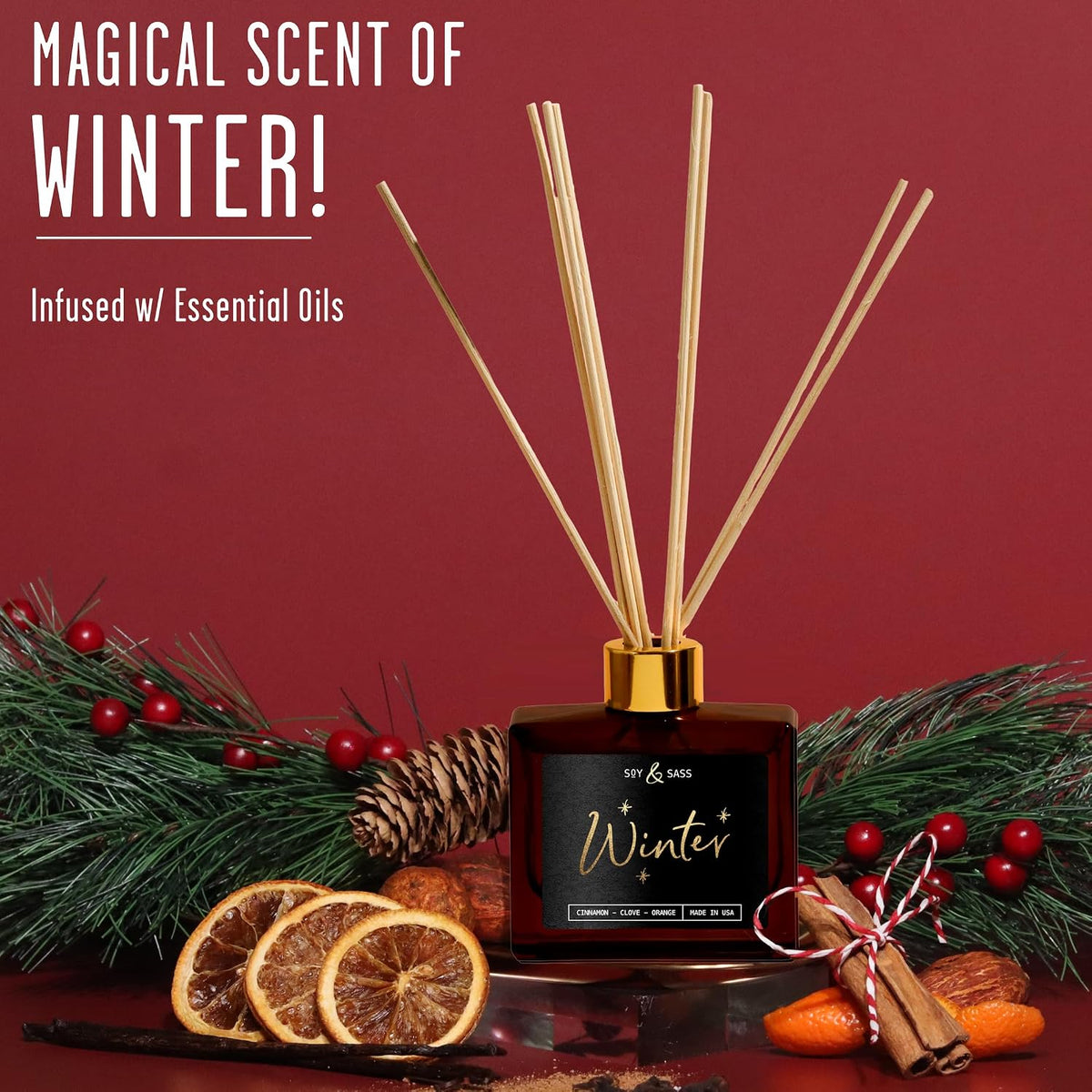 Winter Diffuser, Christmas Diffuser - w/Cinnamon, Clove & Orange I Infused w/Essential Oils I3.75 OZ Oil I Christmas Décor I Long-Lasting Scent Lasts 4-6 Month's I Made in The USA