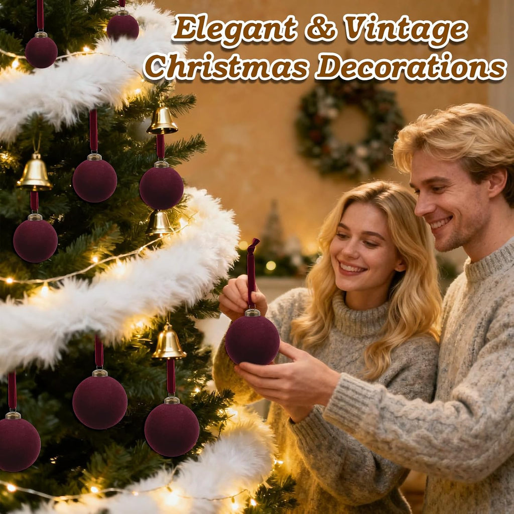 12Pcs Burgundy Velvet Ornaments, Flocked Christmas Ball Ornaments