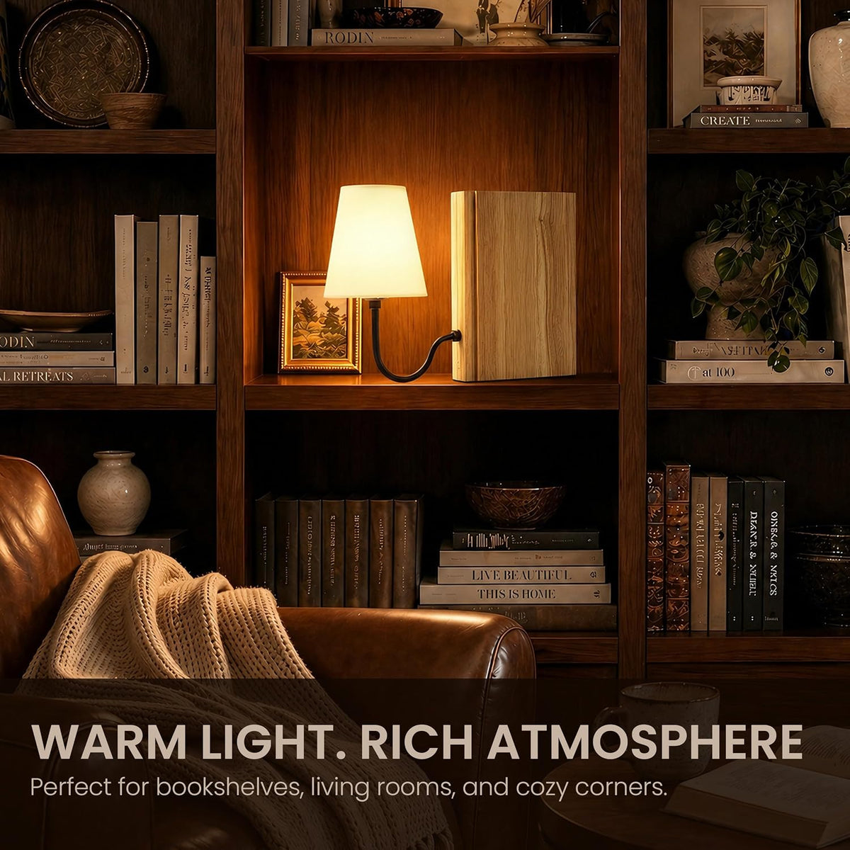 AELS Solid Wood Bookshelf Lamp with Bulb, Cordless Rechargeable Touch Dimmable Table Lamp with Linen Fabric Shade, Modern Decorative Bookend Lamp for Bedroom, Office & Bookshelf Decor, Natural