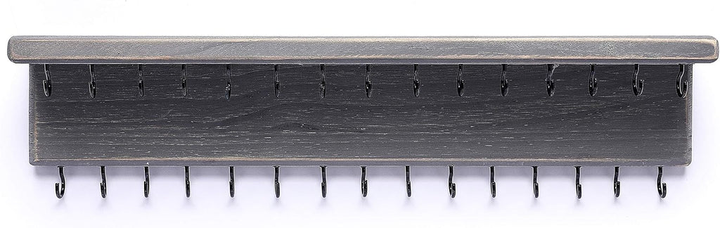 SANY DAYO HOME Jewelry Organizer with 30 Hooks and Cosmetics Shelf, 15 x 3 x 4 inches Wall Mounted Rustic Pine Wood Holder for Necklaces and Bracelets, Suitable for Kids and Adults (Gray)