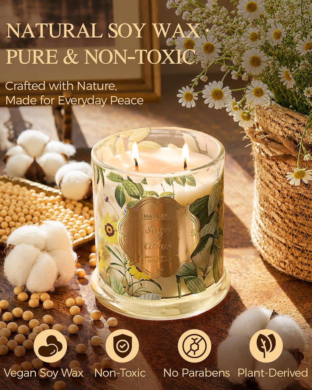 M&SENSE Sage Citrus Non Toxic Large Soy Candle, 12.7oz Aromatherapy Scent