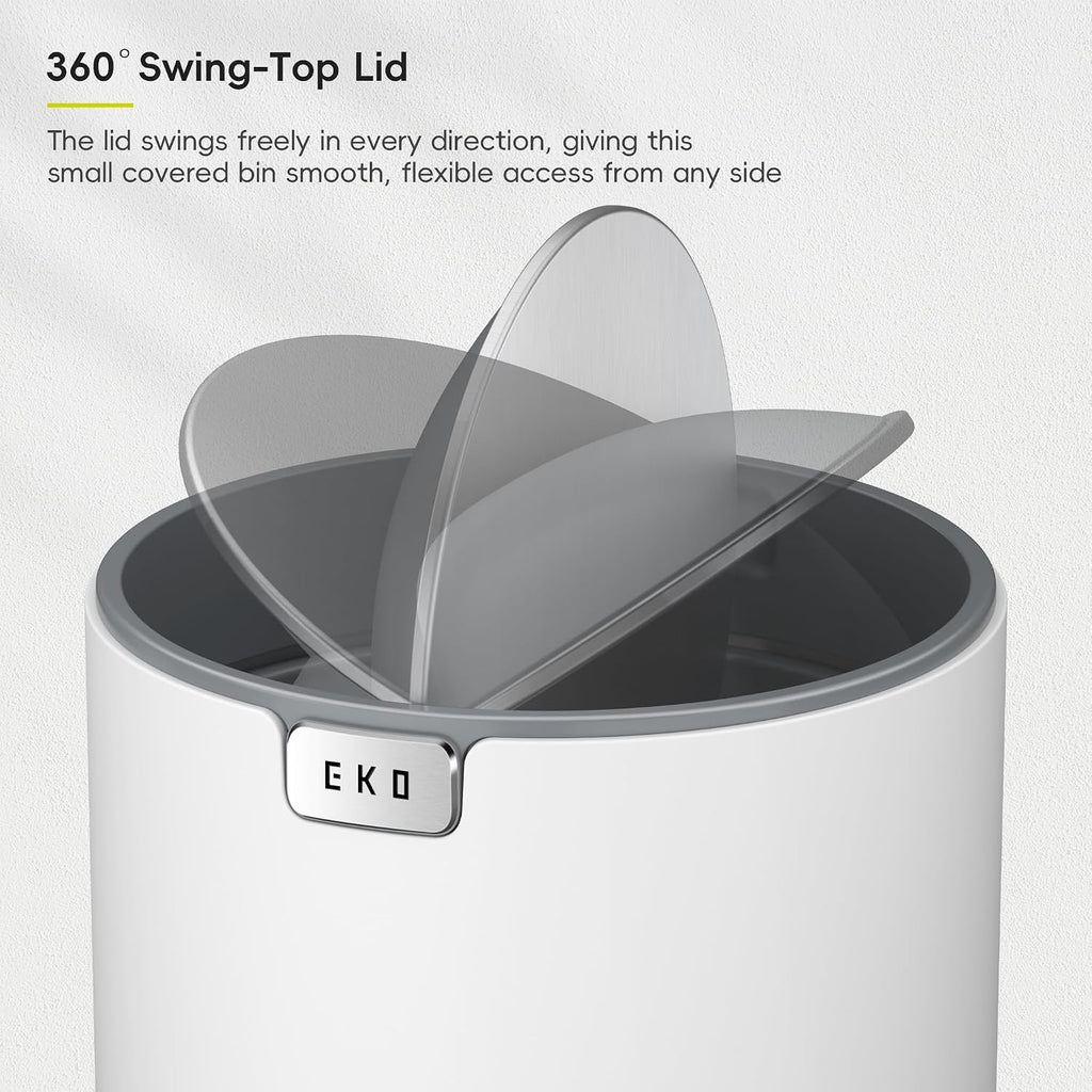 EKO Fandy 0.58 Gal/2.2L Mini Trash Can with Lid, Swing-Top Desktop Trash Can for Bathroom, Countertop, Vanity, Desk or Office, Small Garbage Bin (White)