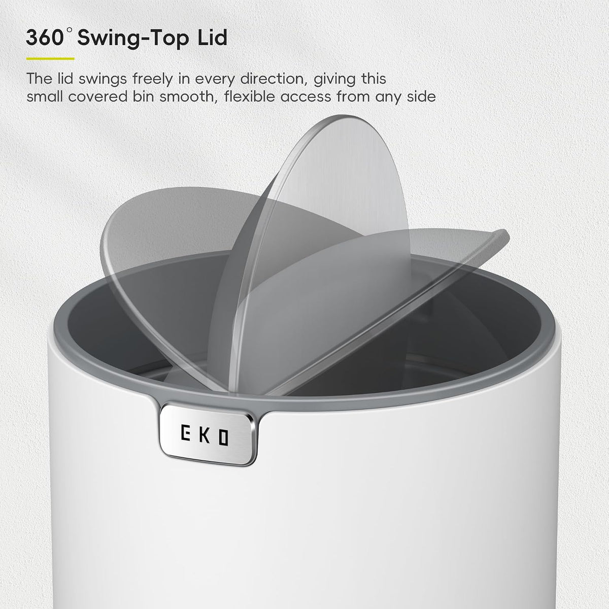 EKO Fandy 0.58 Gal/2.2L Mini Trash Can with Lid, Swing-Top Desktop Trash Can for Bathroom, Countertop, Vanity, Desk or Office, Small Garbage Bin (White)