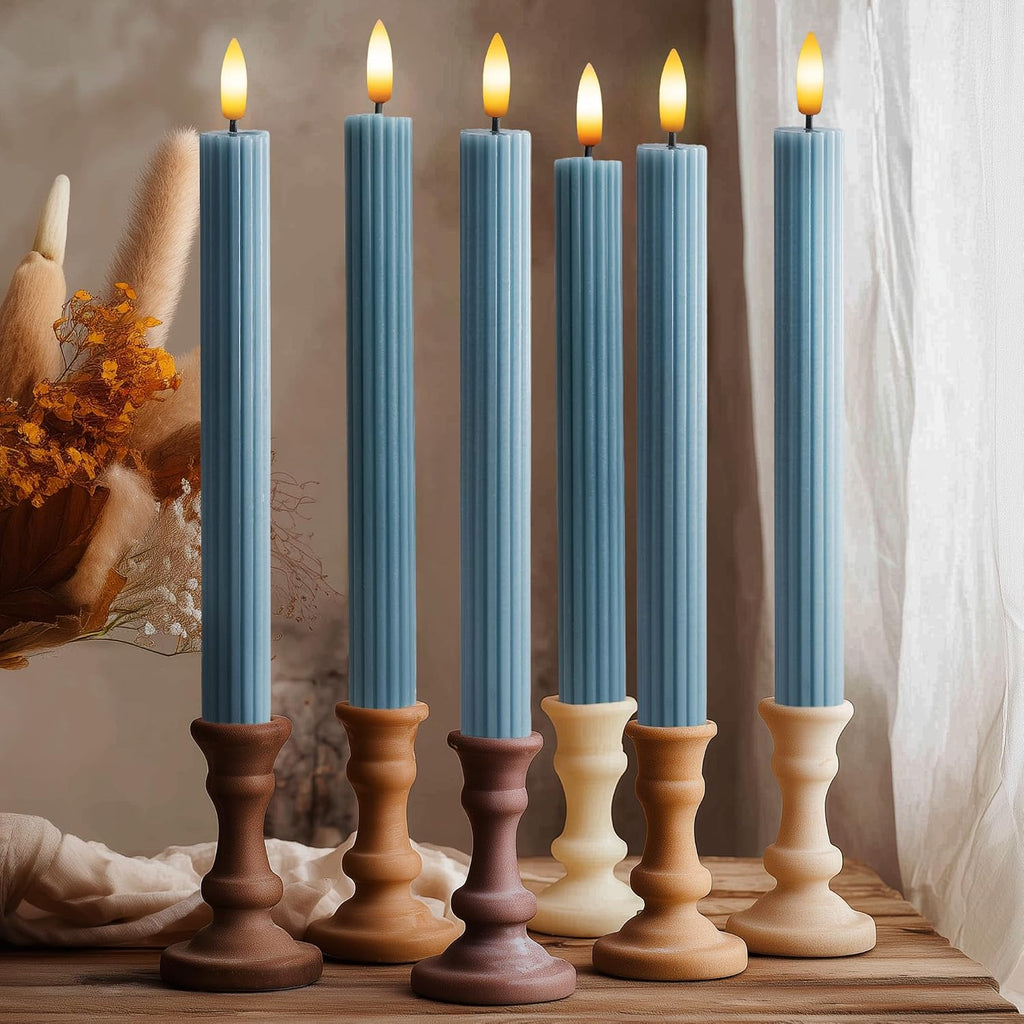 12 Pack, 10" LED Flameless Blue Fluted Ribbed Grooved Taper Candles with 2 Remotes & 24h Timer Memory, On/Off Button, Dimmable, Flicker Mode, Battery Operated, Christmas Menorah Wedding