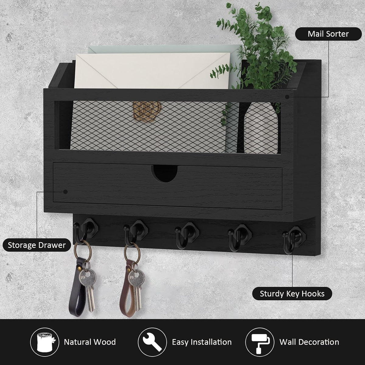 Nekon Key and Mail Holder for Wall, Key Organizer with Drawer, Black