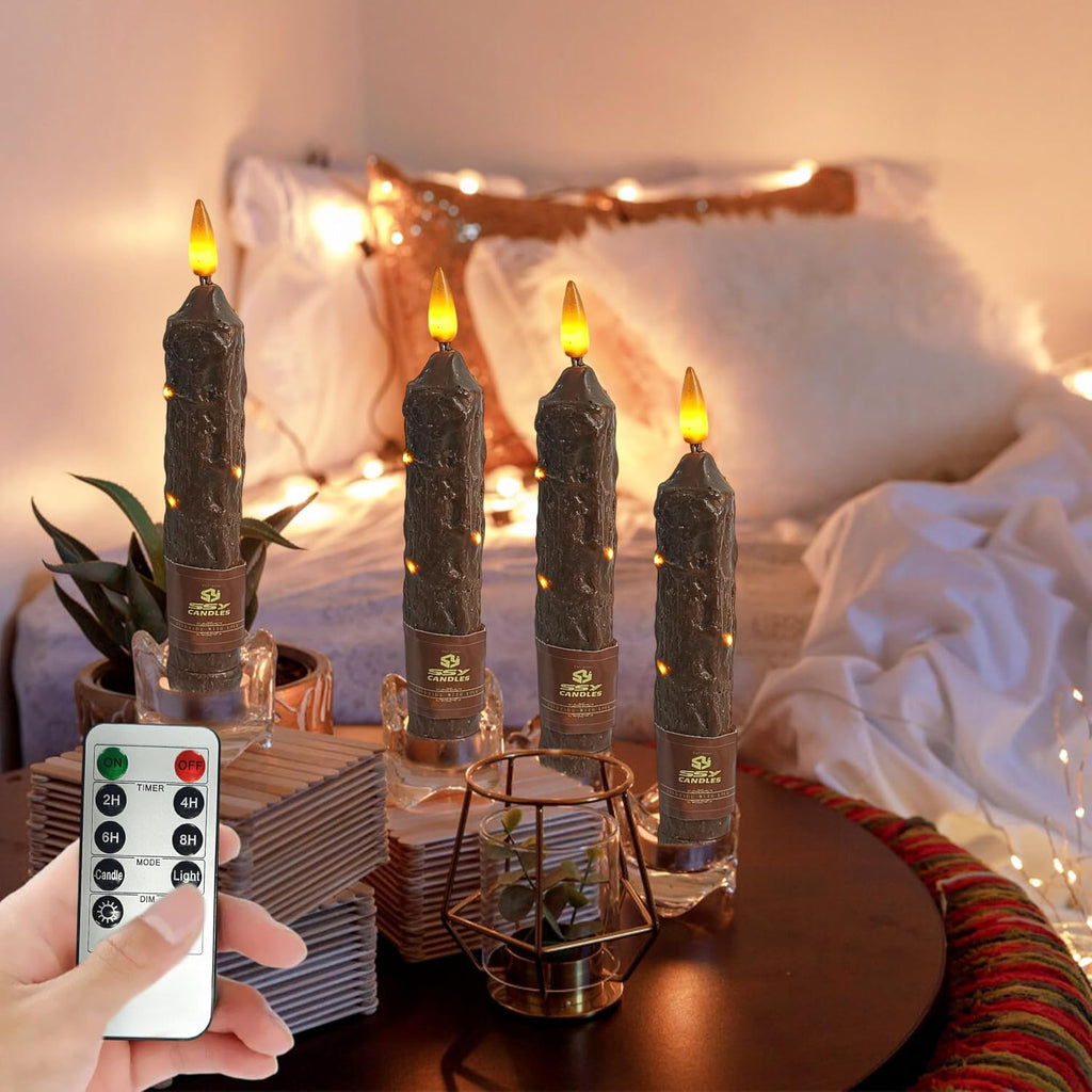 6.5 inch Flameless Brown Taper Candles Flickering with 10-Key Remote, Battery Operated Led Warm 3D Wick Light Window Candles Real Wax Pack of 4, Christmas Home Wedding Decor