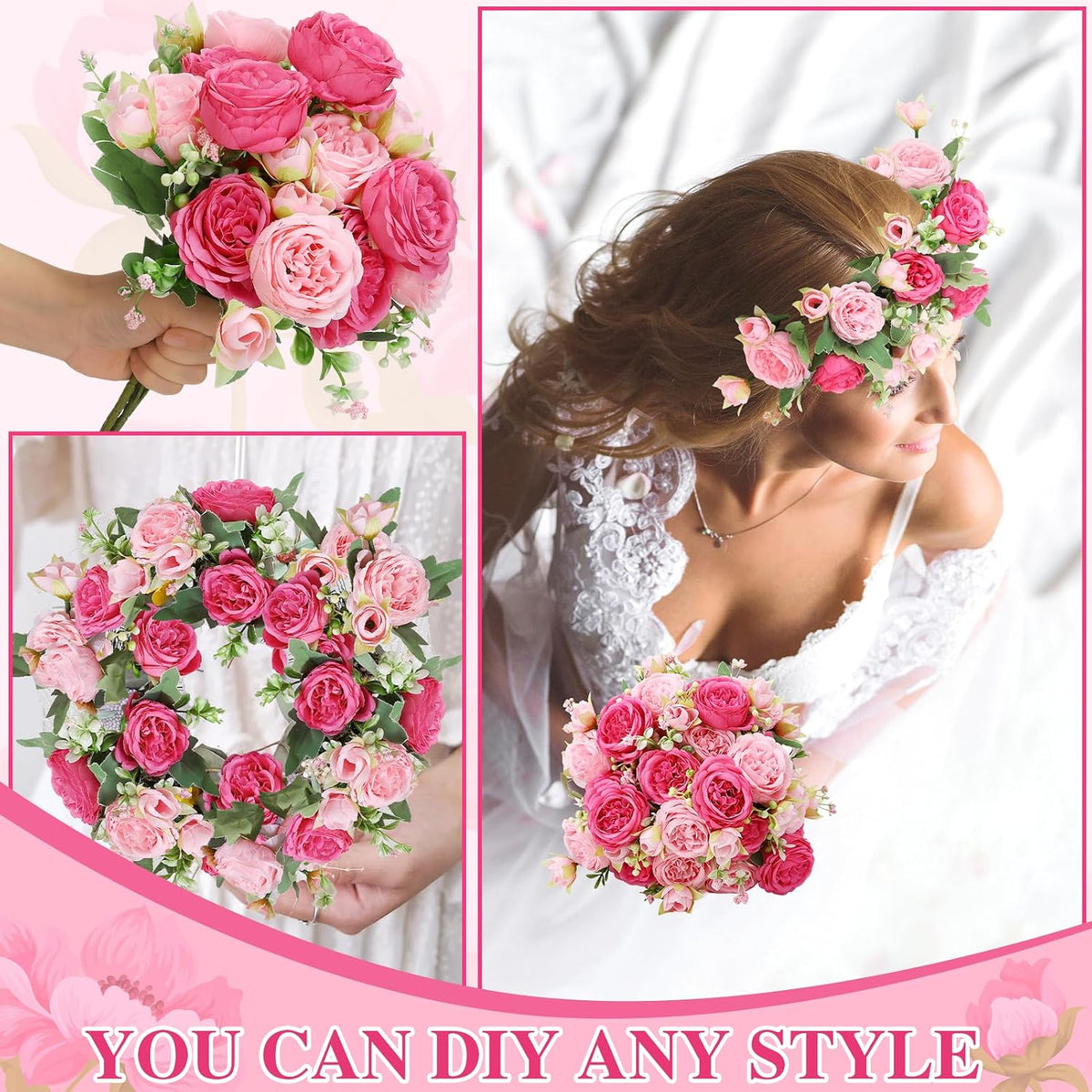 16 Pack Pink Hot Pink Peonies Artificial Flower Hydrangea Bouquet