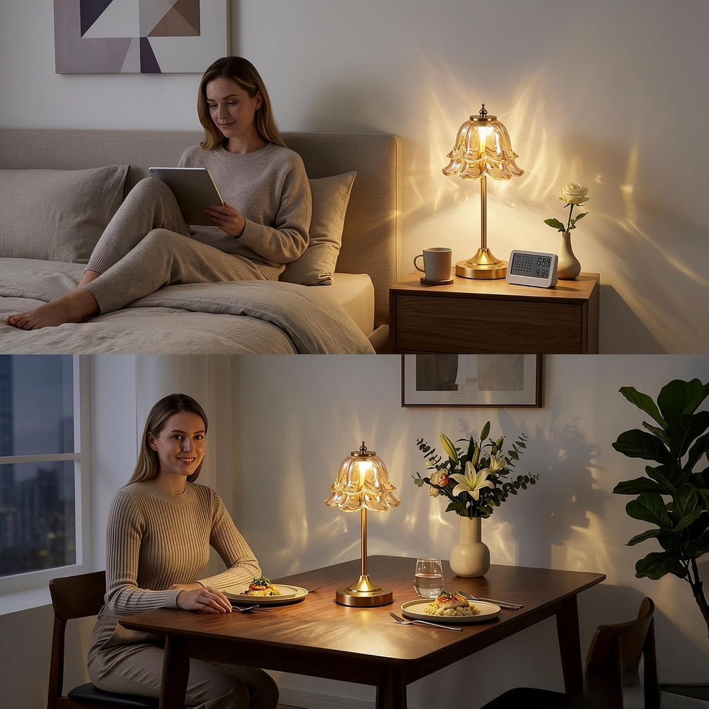 Glass Rechargeable Table Lamp, Vintage Flower Cordless Table Light -Amber