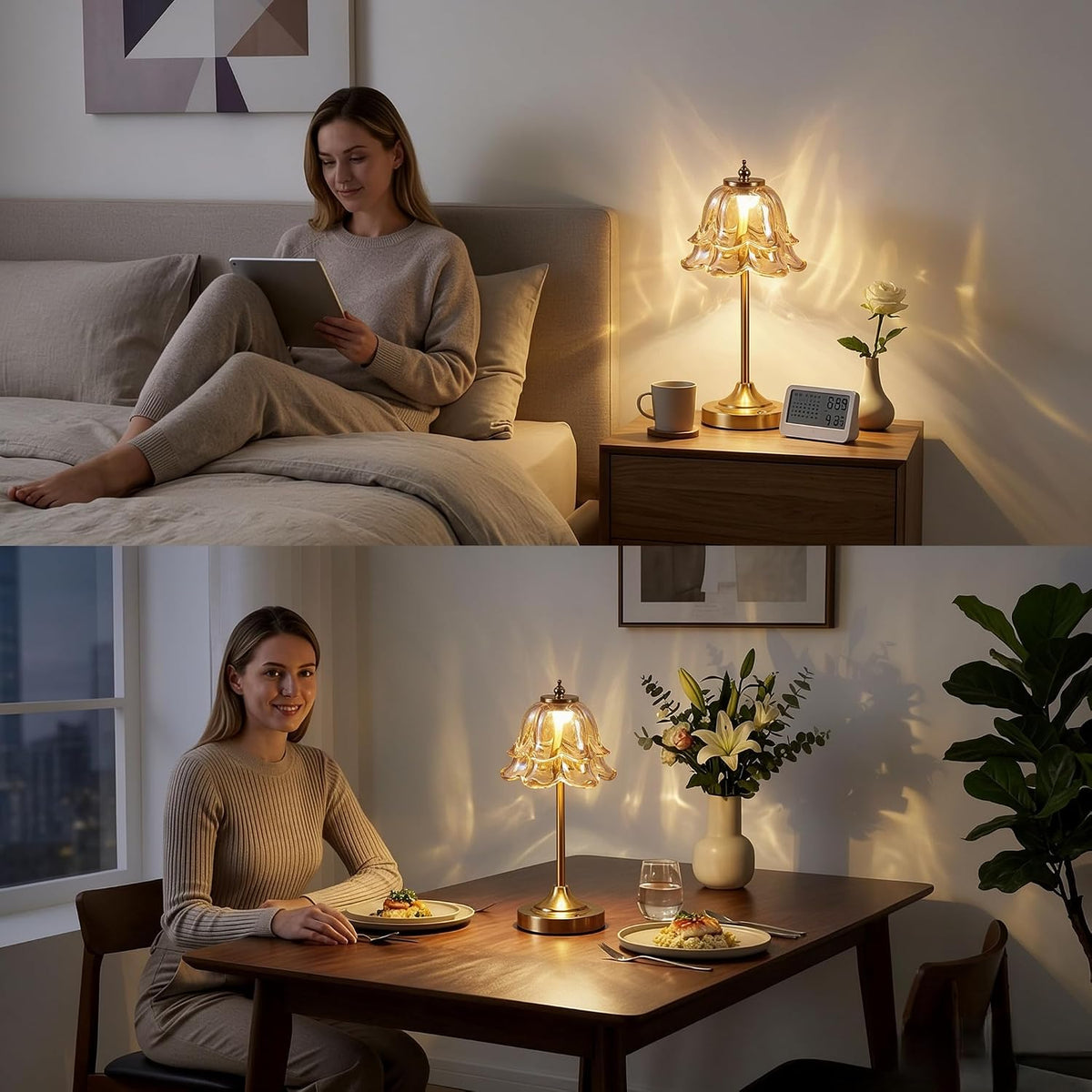 Glass Rechargeable Table Lamp, Vintage Flower Cordless Table Light -Amber