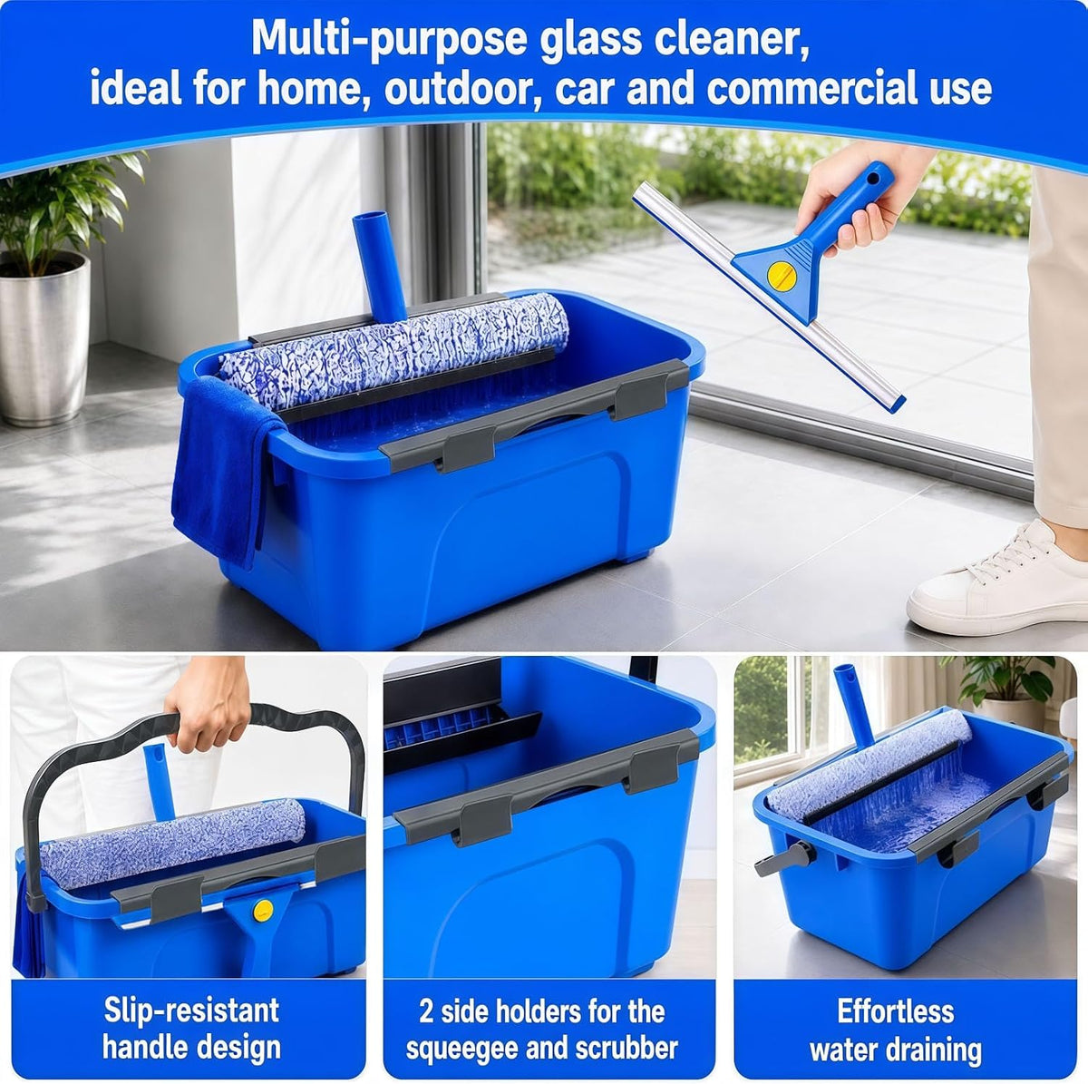 Window Cleaning Kit - 3 Gal Bucket, 15" Microfiber Scrubber & Chenille Sleeve, 14" Squeegee with 79" Extension Pole, Metal Scraper, Indoor & Outdoor Window Tools for Home & Commercial Use