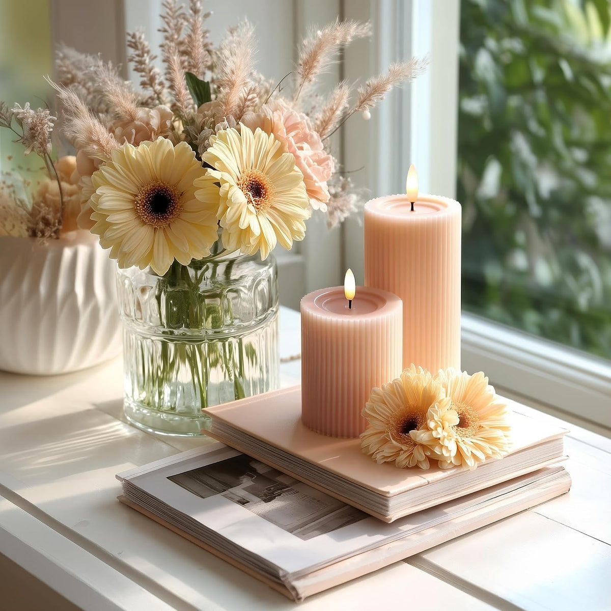 Fluted Ribbed LED Pillar Candles, Blush Beige, with Realistic Reflective Melted-Wax Effect – Flickering Flame, Remote, Dimmable, Flameless, Battery Operated, Home & Wedding Decor (Set of 3)