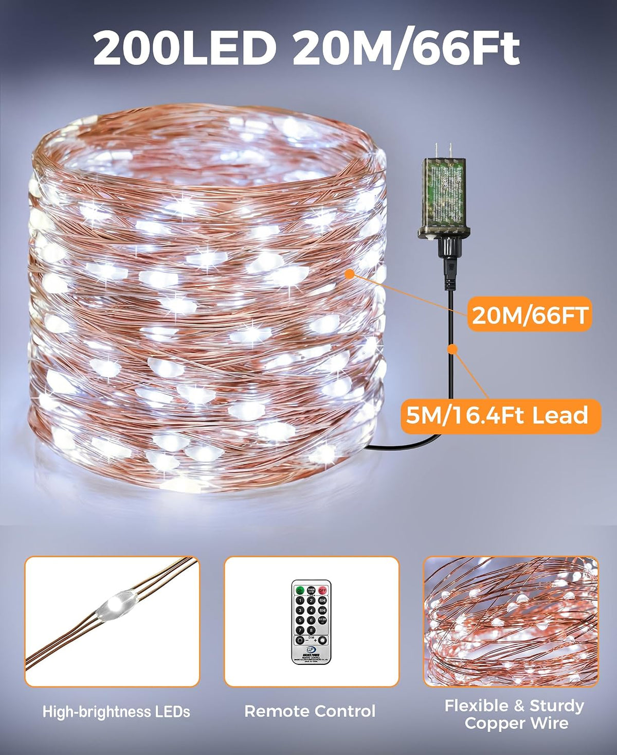 Plug-in Fairy Lights, 66 Ft 200 LED String Light with Remote, 8 Modes, Timer and Dimming Twinkle Lights for Indoor, Bedroom, Party, Decoration, Holiday, Cold White