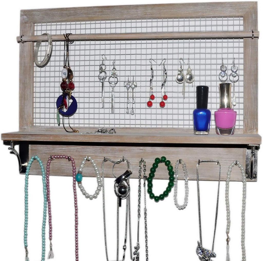 Wall Jewelry Organizer - Grey Wood Hanging Storage Rack with Hooks