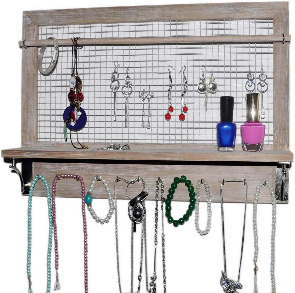 Wall Jewelry Organizer - Grey Wood Hanging Storage Rack with Hooks