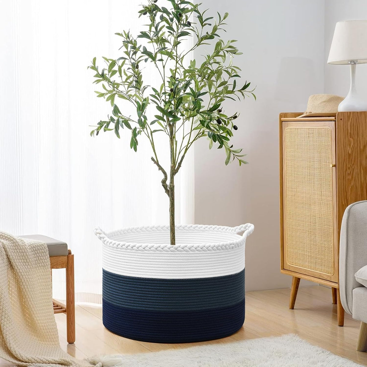 Large Woven Blanket Basket, 67L Cotton Rope Laundry Basket