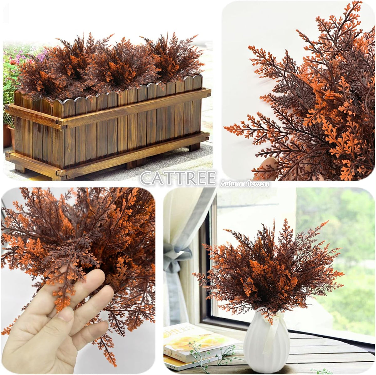 CATTREE Artificial Ferns Plants Fake Boston Fern Shrubs Plastic Leaves Faux Greenery Bushes for Home Décor Outdoor Indoor Garden Wedding Party Decoration Office Yard Verandah Planter Filler Red 4 Pack