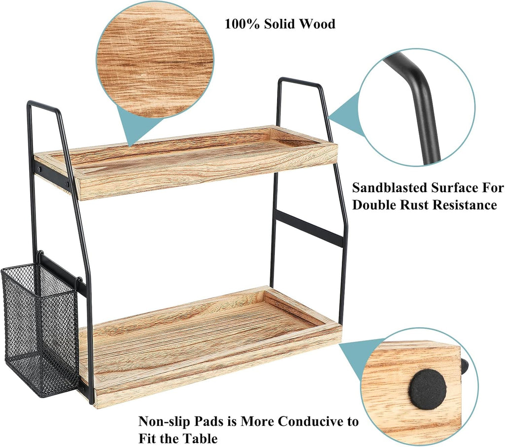 Uneviesyka Bathroom Counter Organizer, 2-Tier Standing Storage Shelf with Basket, Wood Tray for Skincare Vanity Organizer