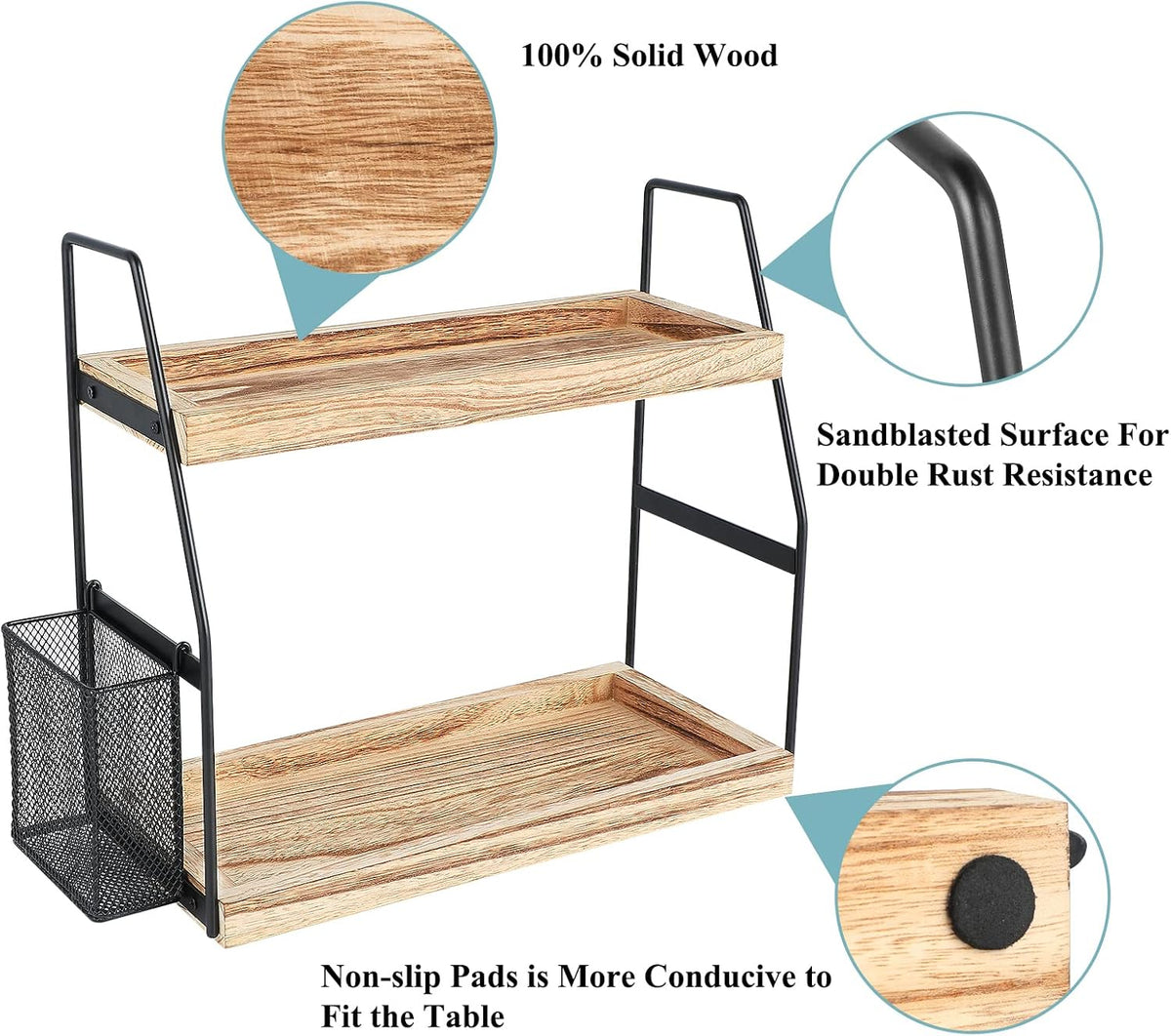 Uneviesyka Bathroom Counter Organizer, 2-Tier Standing Storage Shelf with Basket, Wood Tray for Skincare Vanity Organizer
