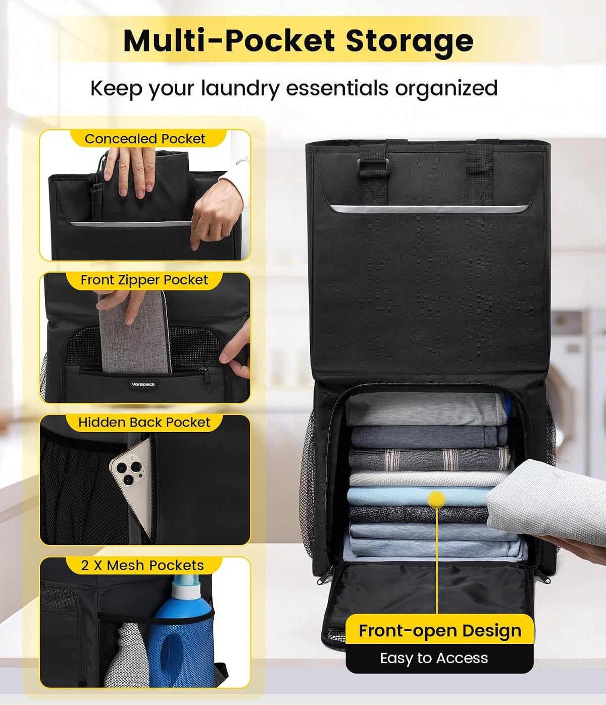 Vorspack Laundry Backpack with Shoulder Straps, Extra Large Hamper, Black
