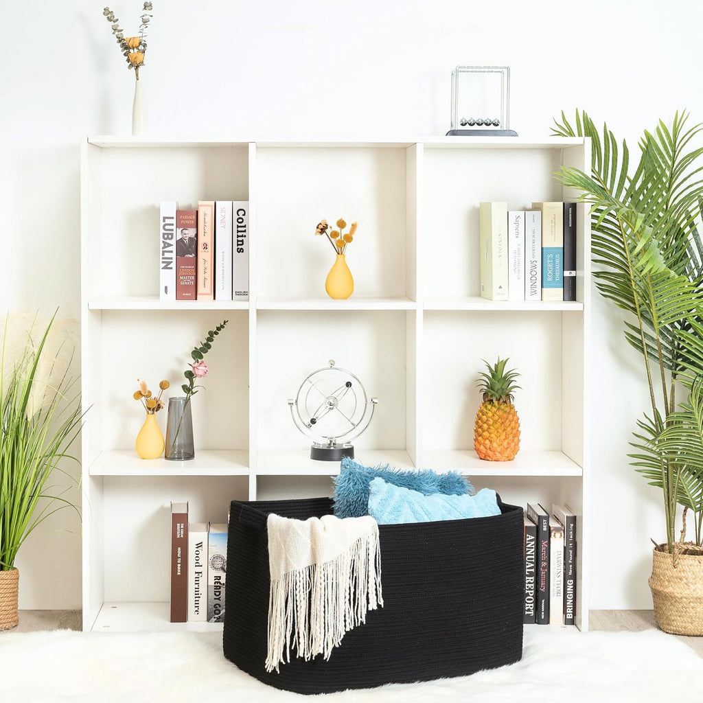 MINTWOOD Design 22in Extra Large Blanket Basket Holder Living Room, Rectangle Rope Woven Storage Basket with Handles for Laundry, Pool Towels, and Shoes, Dog Toy Organizer Bin Box, Full Black