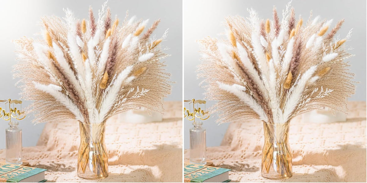 Natural Pampas Grass 8kind Grass Mix Bouquet | Dried Pampas Bouquet for Wedding Boho Flowers Home Table Desk Decor, Rustic Farmhouse Decor (93PCS) (Pack of 2)