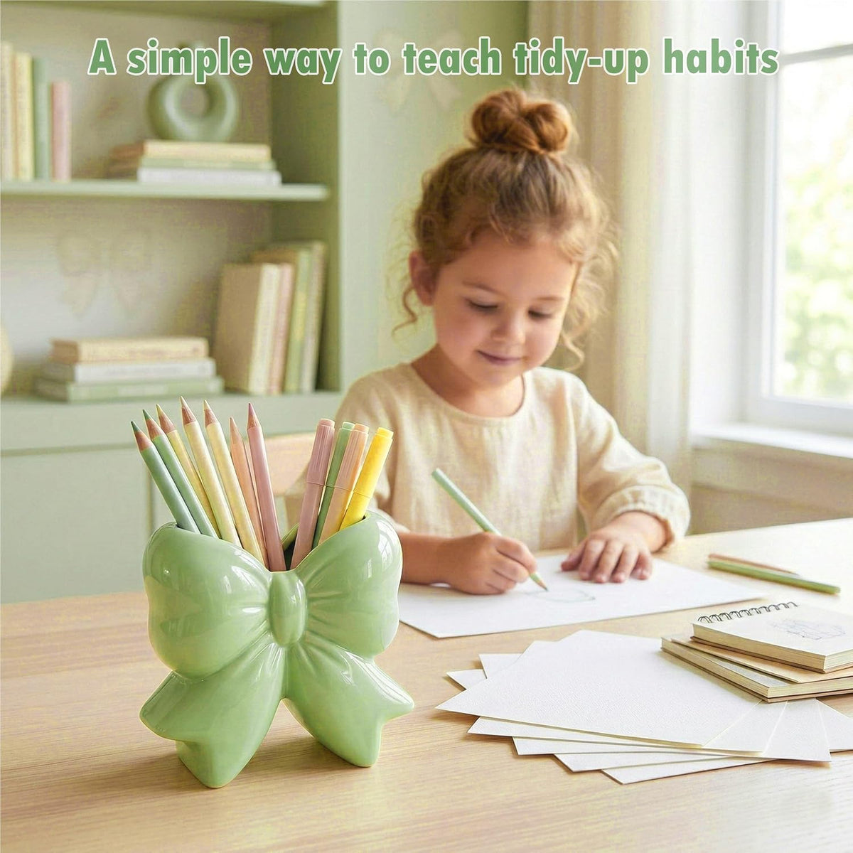 Sage Green Bow Toothbrush Holder, Ceramic Makeup Brush Holder for Bathroom
