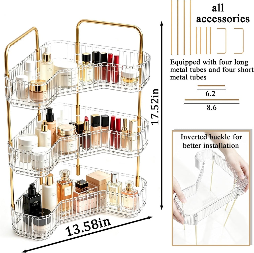 3-Tier Corner Bathroom Organizer, Skincare Vanity Counter Shelf Clear