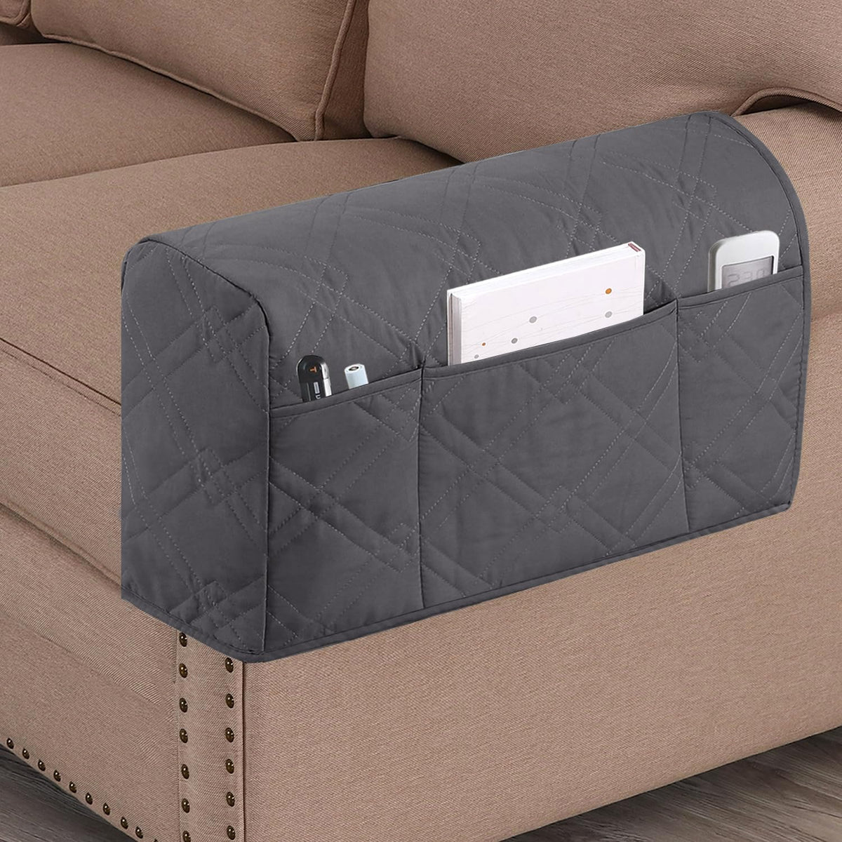 2-Pack Waterproof Armrest Covers for Couches & Chairs – Anti-Slip Furniture Protectors with Side Pockets, Washable Sofa Arm Covers, Universal Stretch Fit (Fits Most Armrests)(Gray)
