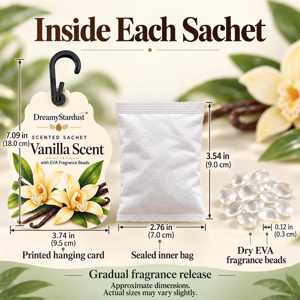 Vanilla Scented Sachets for Drawers & Closets, 6 Pack Hanging Fragrance Sachets with EVA Beads for Wardrobe, Car, Shoe Cabinet and Bathroom, 0.35 oz Each