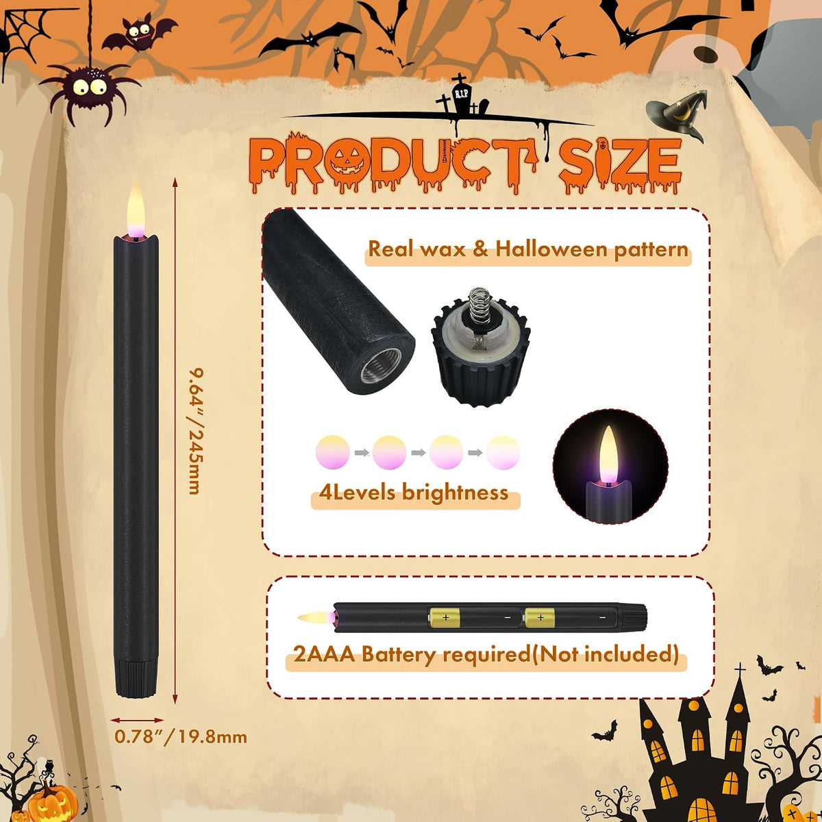 Black Flameless Taper Candles, Halloween Battery Operated Candles Remote