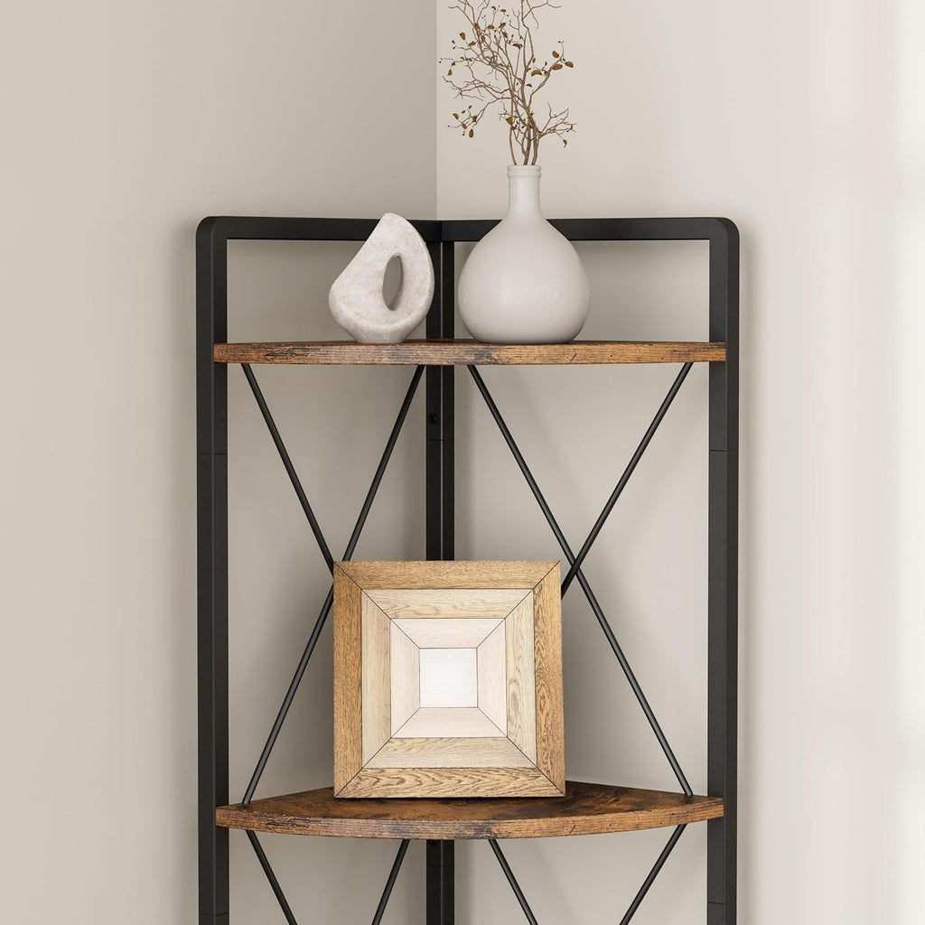 5 Tier Corner Shelf Stand, 64" H Tall Corner Bookshelf, Rustic Brown