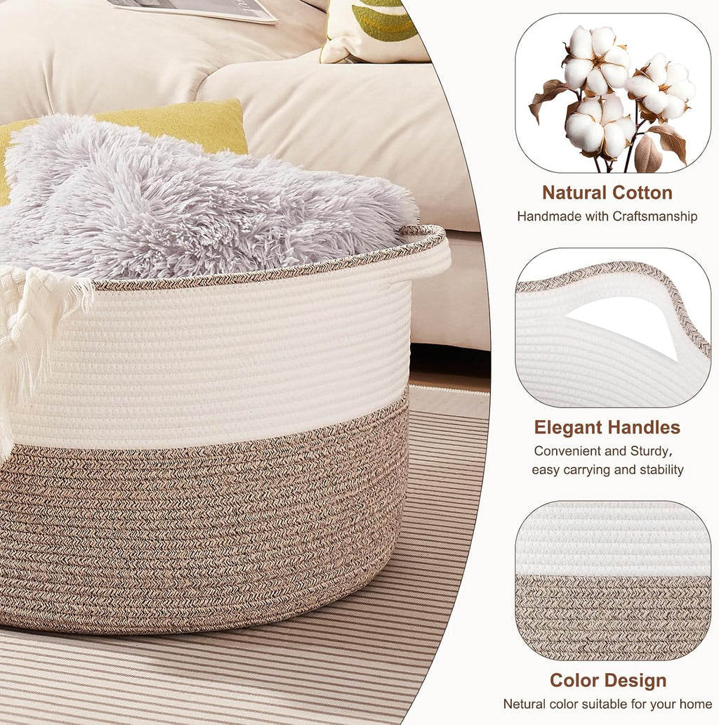 OIASKET Large Blanket Basket with Handles, 22.8" x 22.8" x 13" Woven Storage Basket for Living Room, Cotton Rope Baby Toy Storage for Clothes, Pillows, Towels-Brown & White
