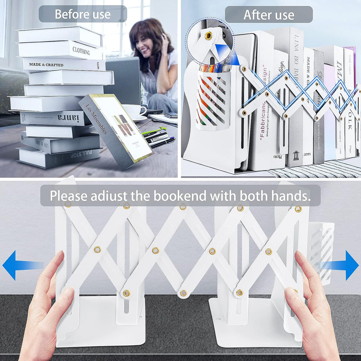Heavy Duty Book Ends to Hold Books with Pen Holder, Adjustable Bookends, Metal Book Ends for Shelves, Black Book Holders Binder Organizer for Bookshelf Desk - White