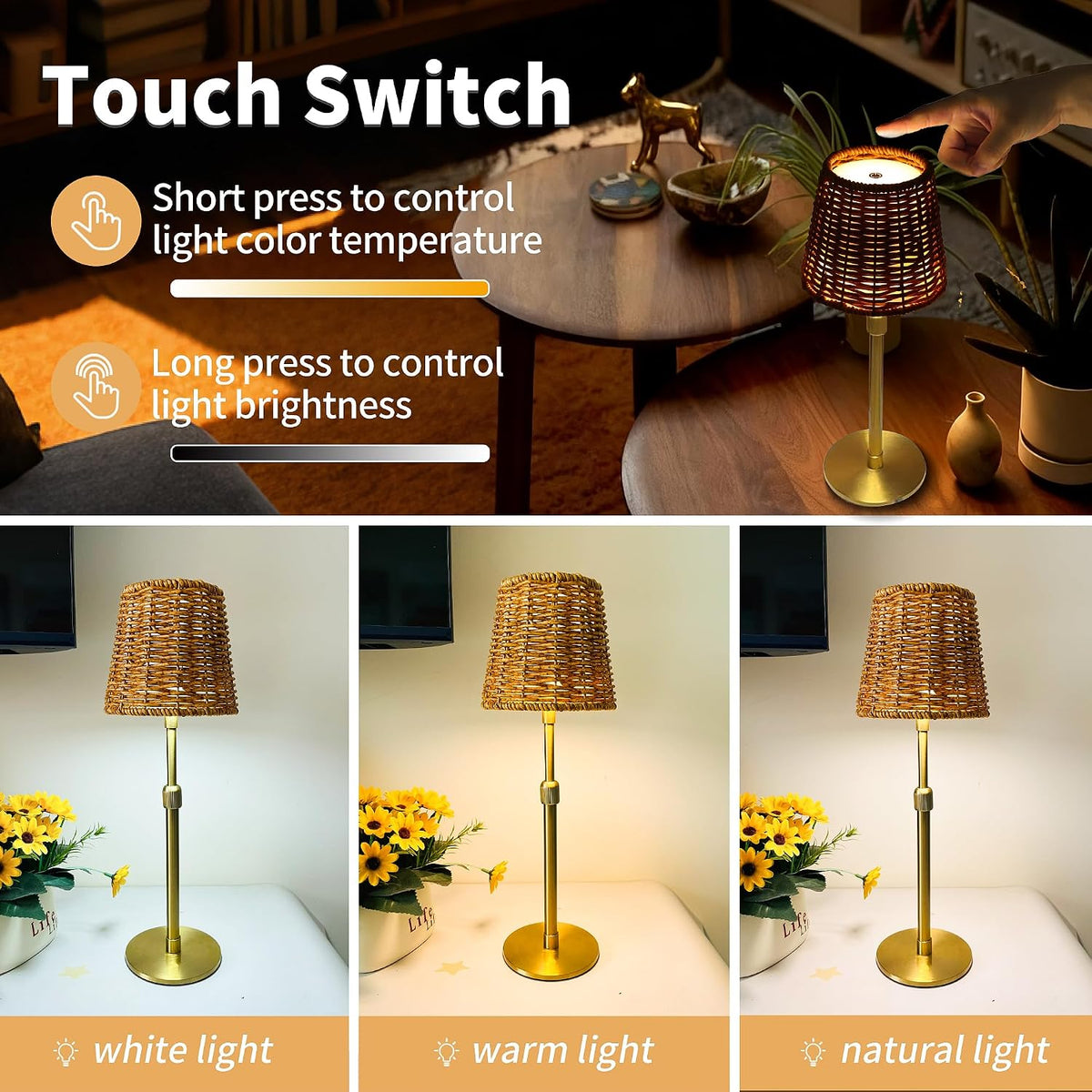 Mr.White Outdoor Waterproof Rechargeable Cordless Table Lamp with Wicker Shade, 5200mAh Battery Operated Table Light with Telescopic Pole, for Patio Restaurant Kitchen (Gold)