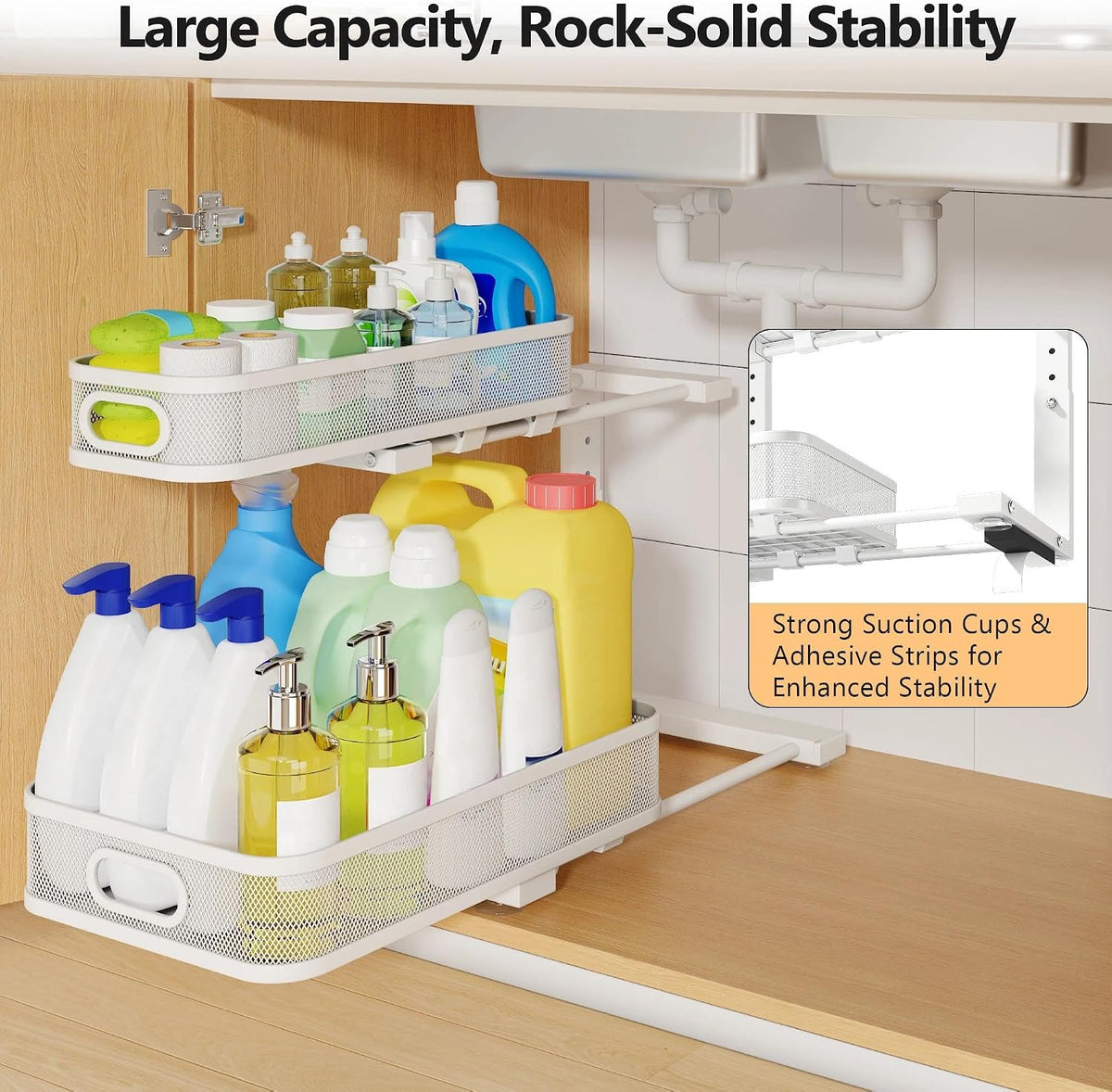 2 Pack Under Sink Organizer With Smooth Cylindrical Rail,2-Tier Pull Out Multi-Purpose Cabinet Storage for Bathroom&Kitchen,Height Adjustable,Rust-resistant Coating-White