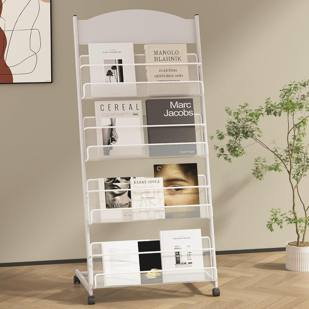 lesolar Floor-Standing Magazine Rack, 4-tier Newspaper Holder with Wheels