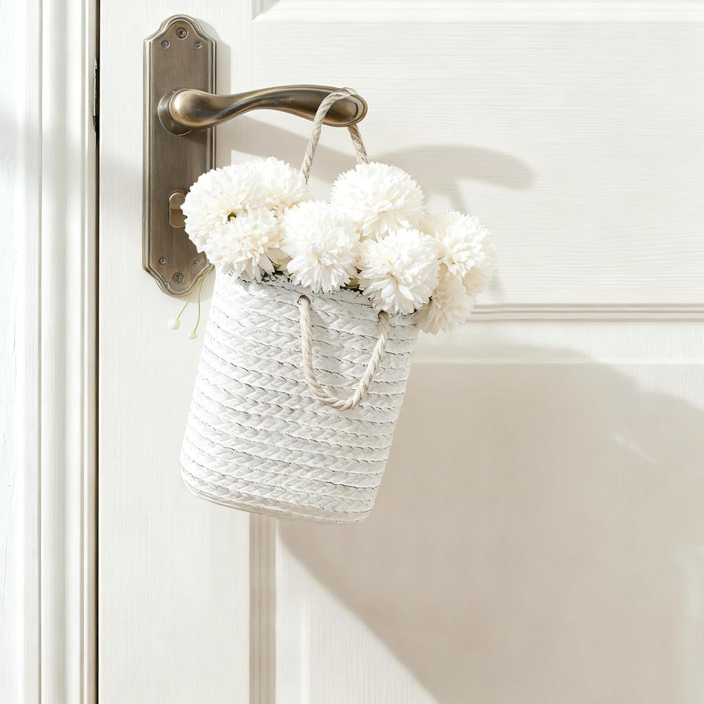 Vaseking Elegant White Petite Vase, 6.6 inch Ceramic Modern Minimalism Basket Vase with Hanging Rope, Creative Tote Bag Vases for Home Decor, Living Room, Wedding, Bookshelf Decor