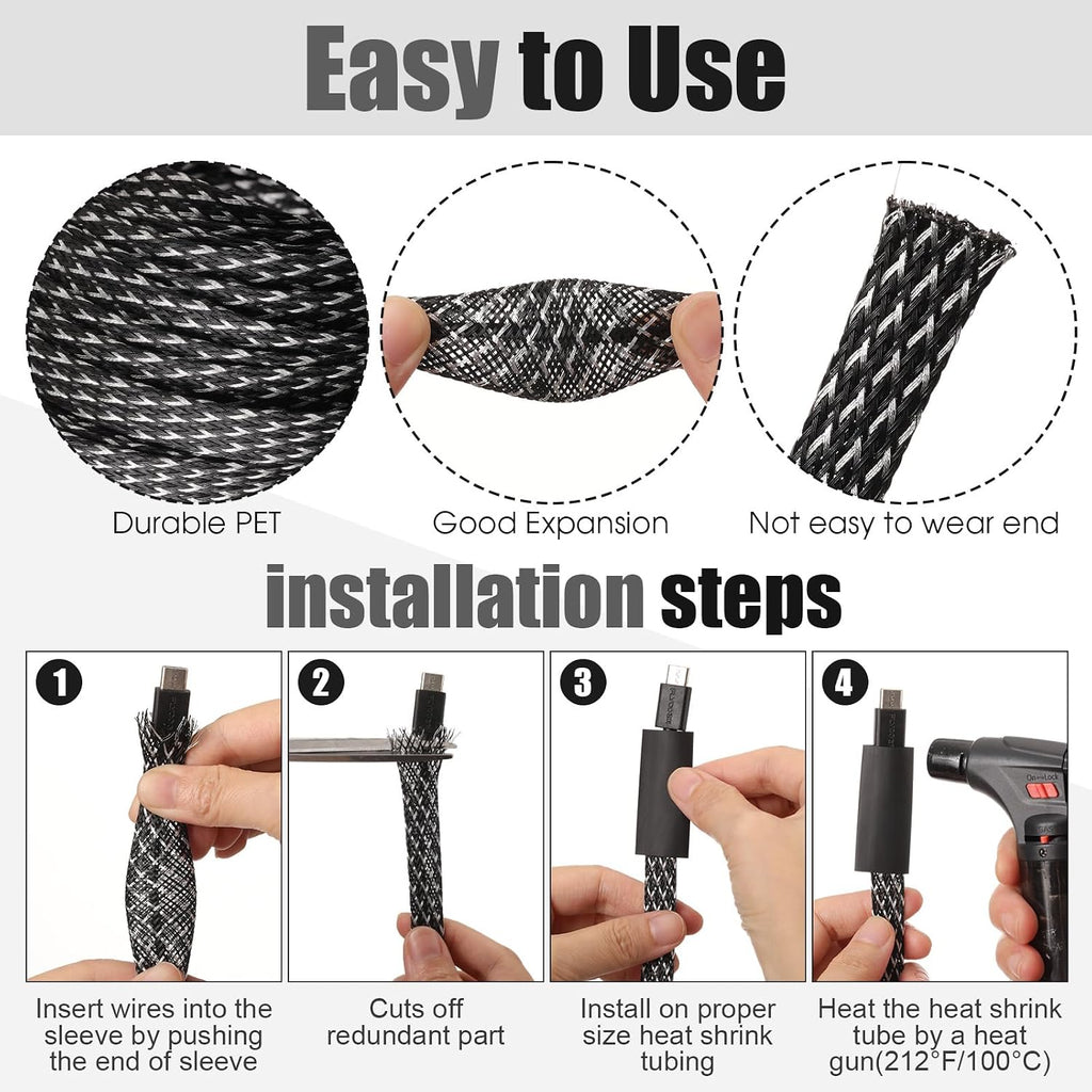Tatuo 151 ft Braided Cable Sleeve Expandable Wire Sheathing(Silver, Black)