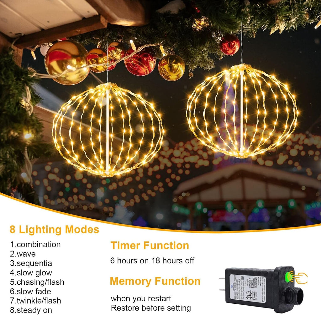 led String Lights Outdoor, 2 Pack, 8in Globe, 162 LEDs Expandable Hanging Ball Lights with 8 Modes, Timer, IP65 Waterproof Connectable for Porch, Yard, Roof Indoor Home Decor Warm White