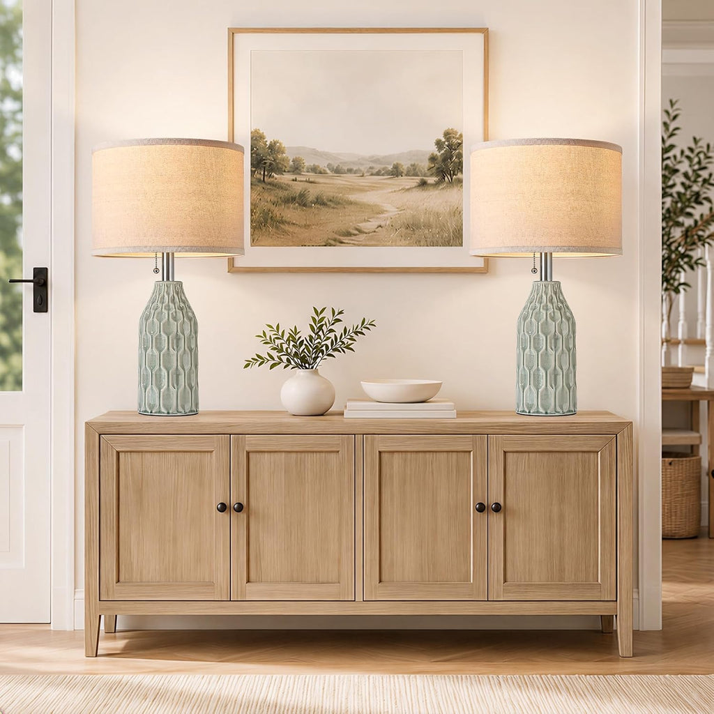 Modern Ceramic Table Lamps Set of 2 for Living Room Bedroom, Green