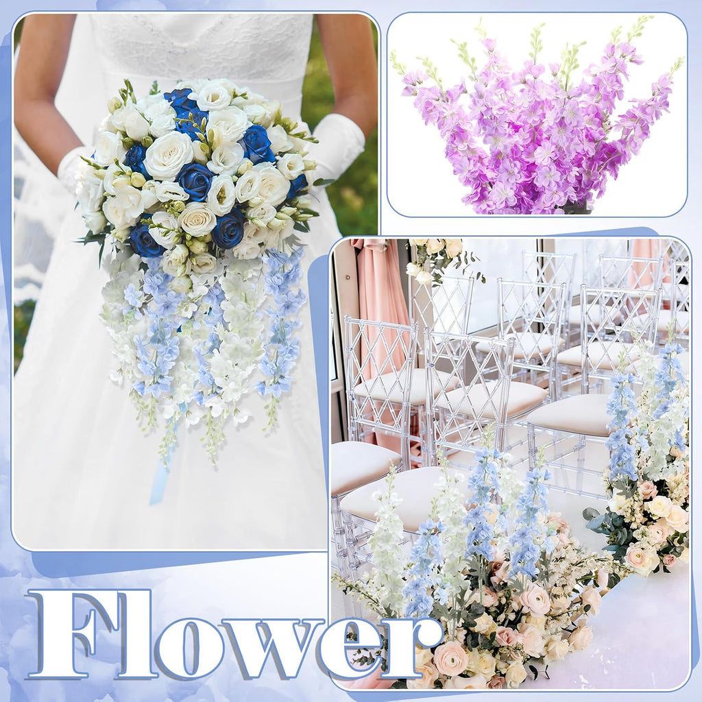 Thiccywoov 24 Pcs Blue, White Delphinium Artificial Flower Bulk, 34.25"