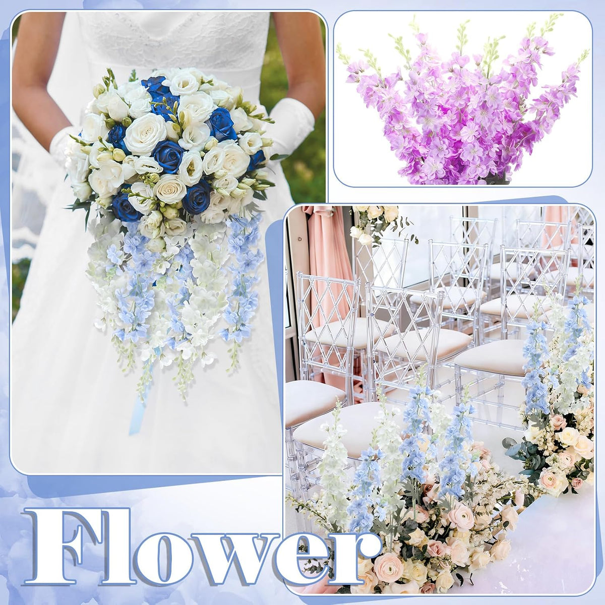Thiccywoov 24 Pcs Blue, White Delphinium Artificial Flower Bulk, 34.25"