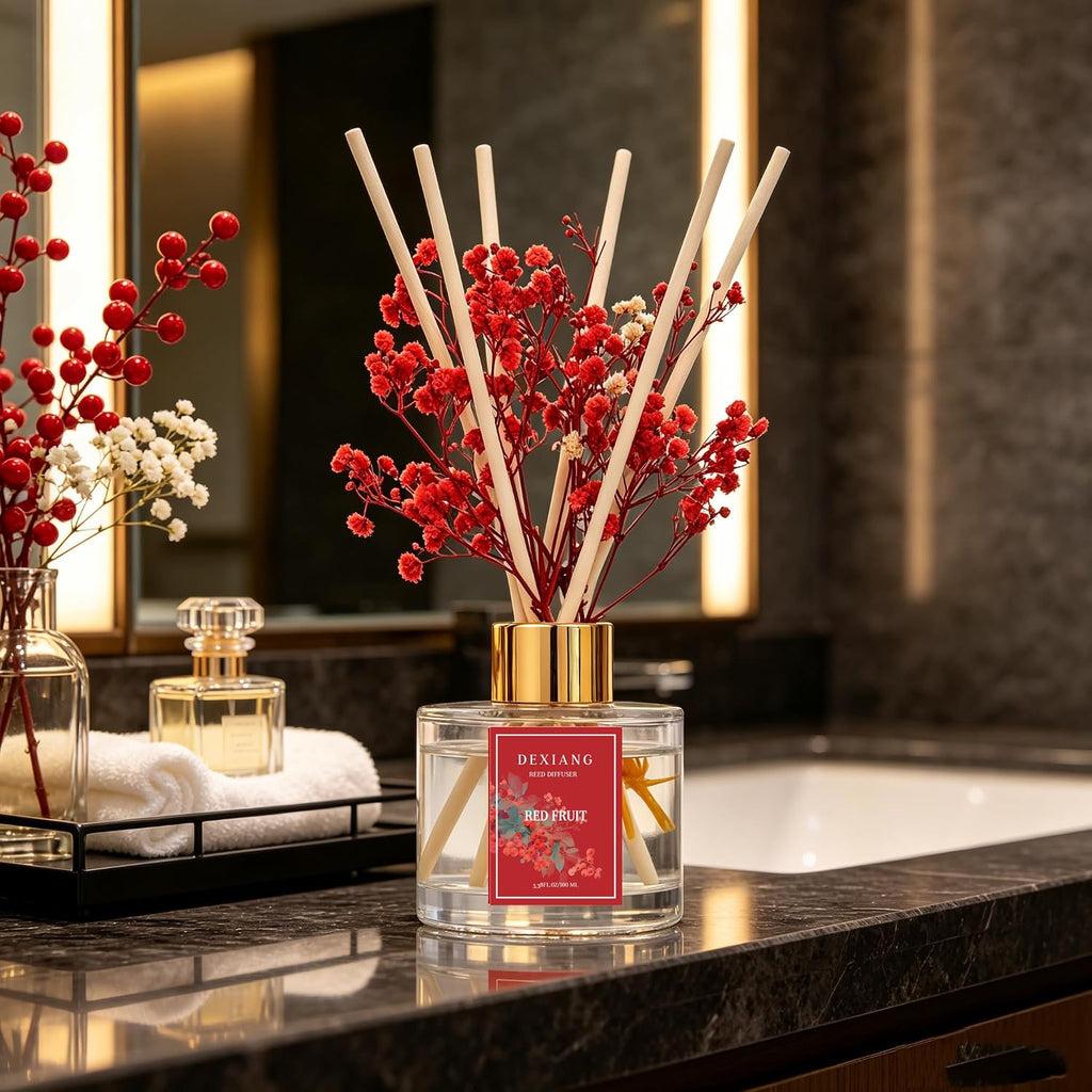 Reed Diffuser Set,3.38 fl oz (100 ml) Red Berries Oil Diffusers with 6 Reed Sticks for Bathroom Shelf Decor Home Fragrance Reed Diffuser