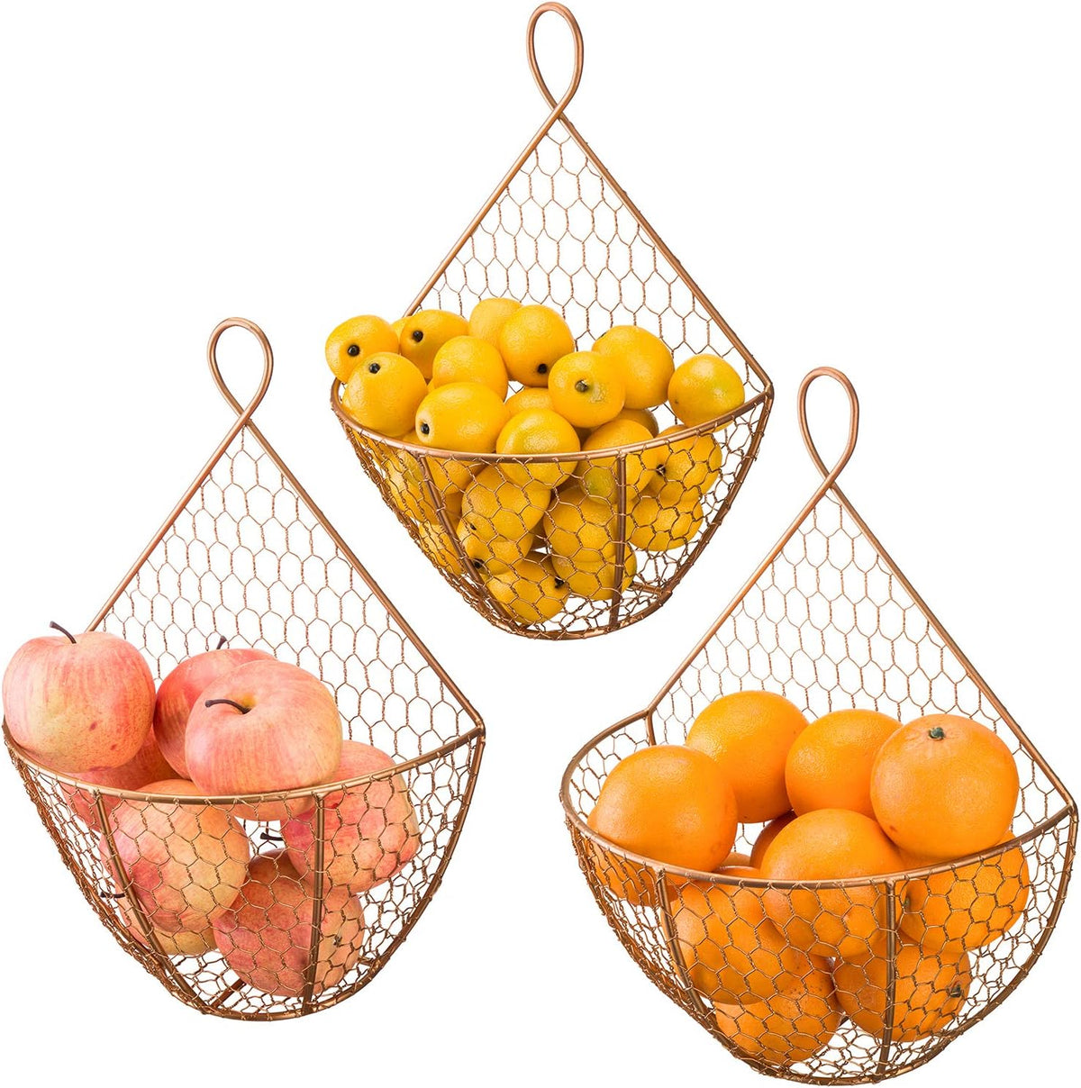 MyGift Set of 3, Farmhouse Copper Metal Wire Mesh Wall Hanging Baskets, Wall-Mounted Storage Basket, Decorative Kitchen Fruit Wall Basket Produce Holder