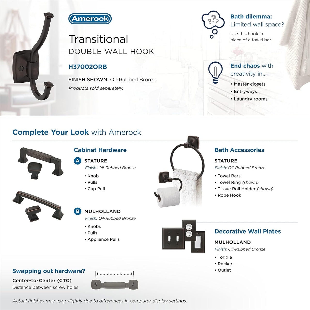 Amerock Kinsale Double Prong Oil-Rubbed Bronze Wall-Mounted Hook