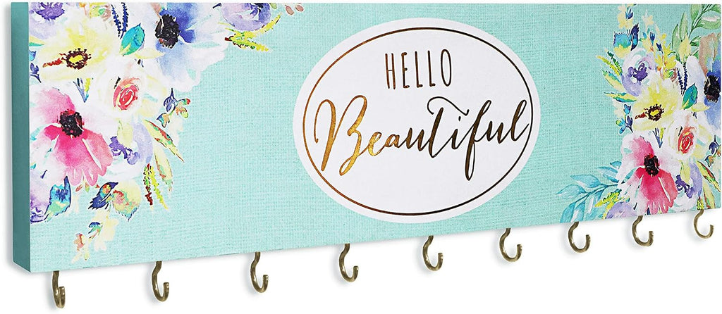 SANY DAYO HOME Wall Mount Necklace Holder Organizer with 9 Jewelry Hooks for Ring, Hair Bow, Headband, Purse - Wall Decor for Girls Room - Hello Beautiful