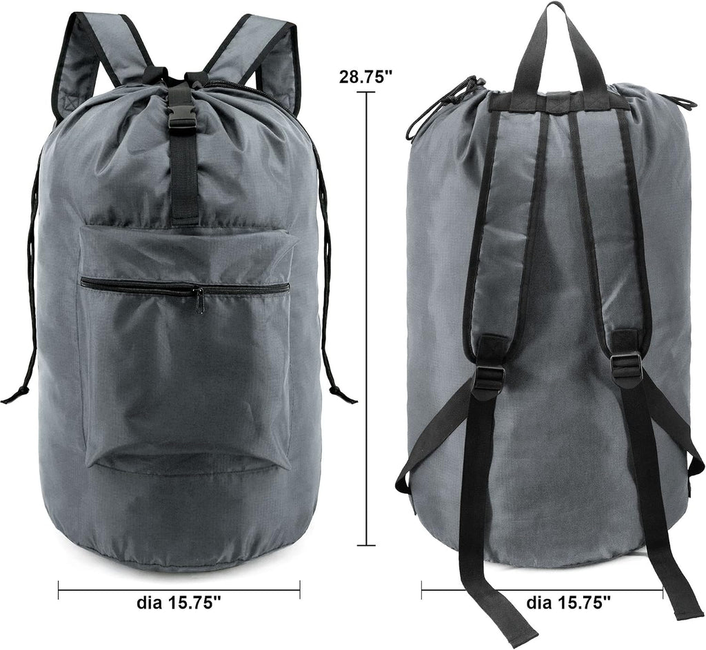 BeeGreen Gray Laundry Backpack w Adjustable Shoulder Straps & Drawstring College Dorm Room Essentials w Handle for Travel Trip Lightweight Durable Laundry Bag Hamper Portable