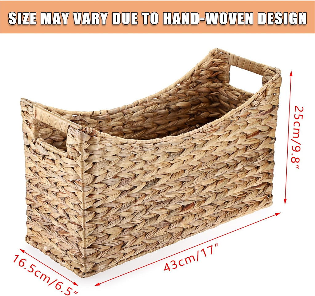 BTSKY Woven Magazine Holder, Water Hyacinth Magazine Basket, Natural Storage Basket Bin for Books & Files, Bathroom Magazine Rack with Built-in-Handle for Home, Office & Desk - 17x6.5x9.8 Inch