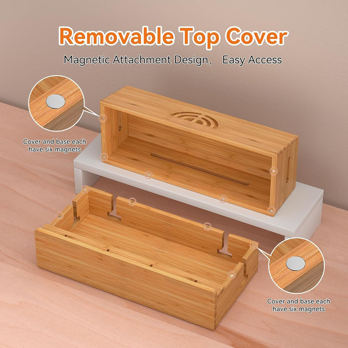 Bamboo Cable Management Box, Natural Color, 31X14X15.5CM